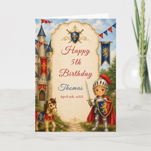 中世の騎士 5歳の誕生日カード カード (正面)