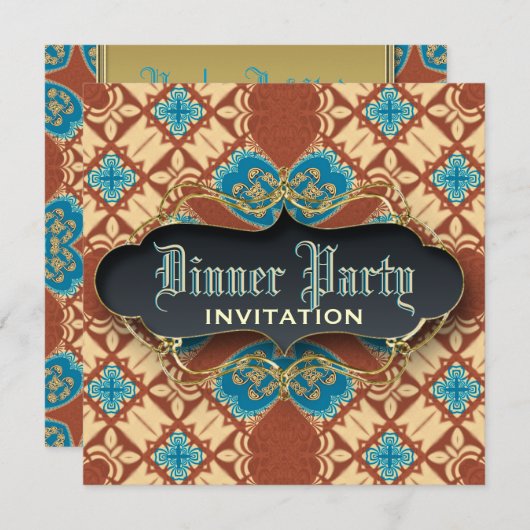 中世ろうけつ染めタータンチェックディナーパーティの招待状 招待状 (正面/裏面)