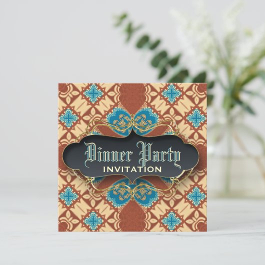 中世ろうけつ染めタータンチェックディナーパーティの招待状 招待状 (スタンド正面)