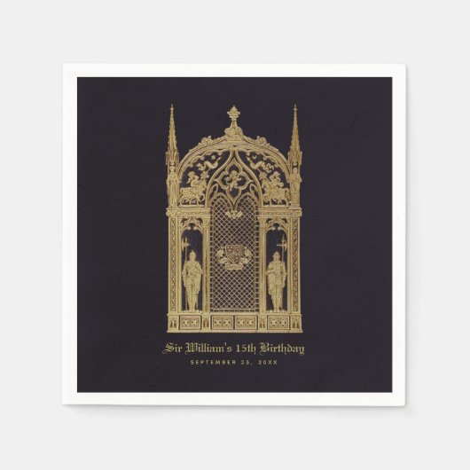 中世をテーマにした誕生日ゴシックナイトブラック金ゴールド スタンダードカクテルナプキン (正面)
