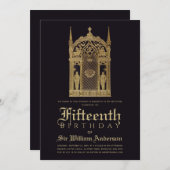 中世をテーマにした誕生日ゴシックナイトブラック金ゴールド 招待状 (正面/裏面)