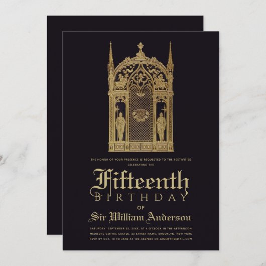 中世をテーマにした誕生日ゴシックナイトブラック金ゴールド 招待状 (正面/裏面)