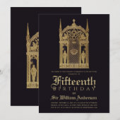 中世をテーマにした誕生日 ゴシックナイト ブラックゴールド 招待状 (正面/裏面)