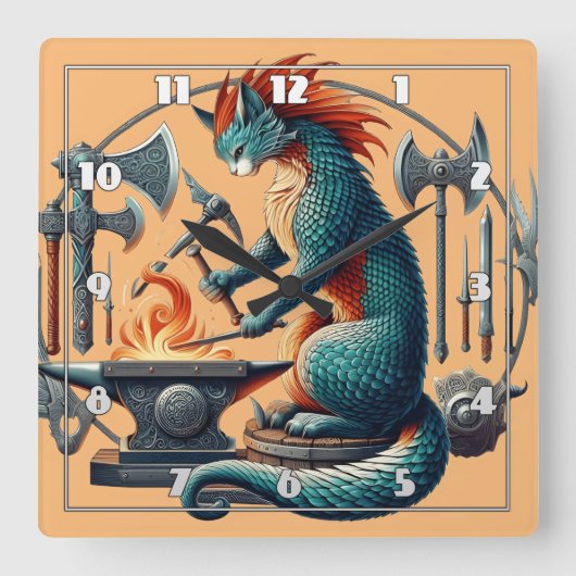 中世アンビルで武器を鍛造 スクエア壁時計 (正面)