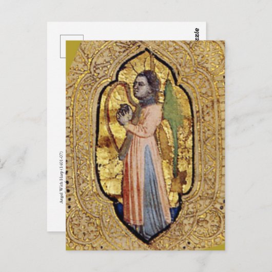 中世エンジェルハープ金ゴールドルネッサンスファインアート ポストカード (正面/裏面)