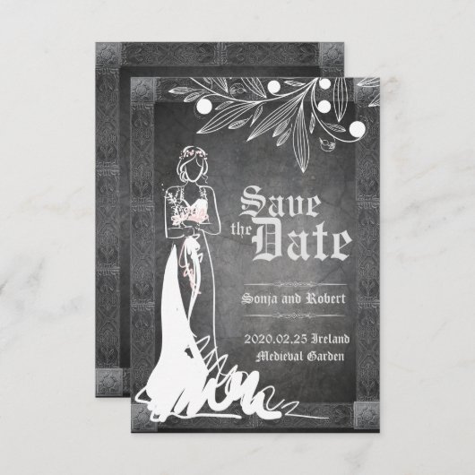 中世ケルト族の花嫁の石の結婚式招待状 セーブザデート (正面/裏面)