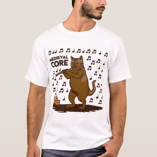 中世コアでおかしい猫がフルートを演奏するアート Tシャツ (正面)