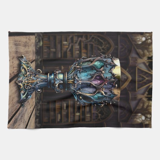 中世ゴシック様式パープルブルーゴブレット城図書館 キッチンタオル (横)
