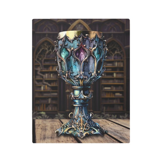 中世ゴシック様式パープルブルーゴブレット城図書館 メタルプリント (正面)