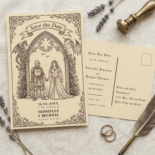 中世ゴシック・セピア調の古紙を使用した結婚式の延期通知 ポストカード