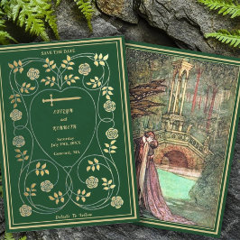 中世ゴールドの花のハートと剣のウェディング セーブザデート