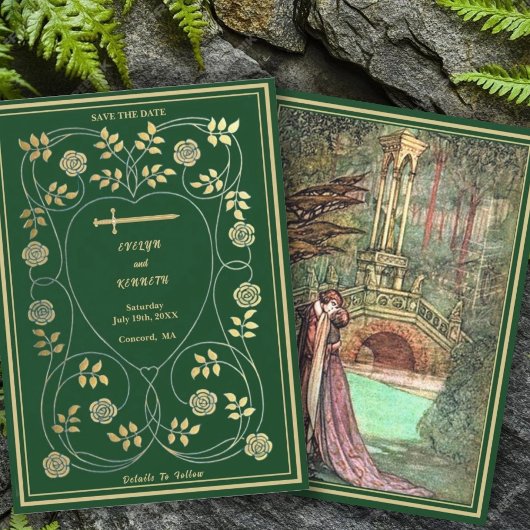 中世ゴールドの花のハートと剣のウェディング セーブザデート