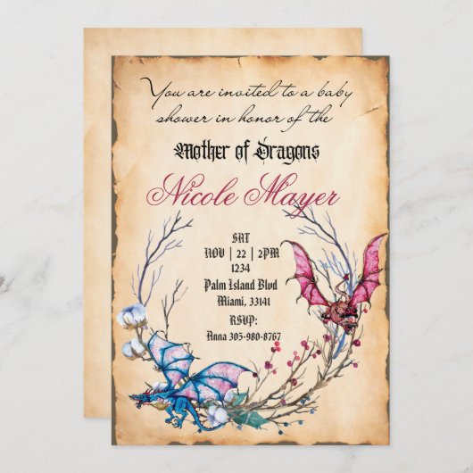 中世ドラゴンズの母ベビーシャワー招待状 招待状 (正面/裏面)