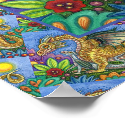 中世ドラゴン&ヤングカラフルフォークアートガーデン ポスター (角)