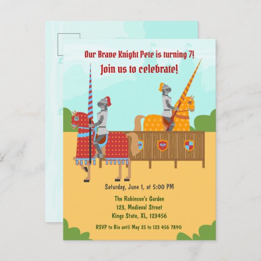 中世ナイツトーナメント誕生日パーティー インビテーションポストカード (正面/裏面)