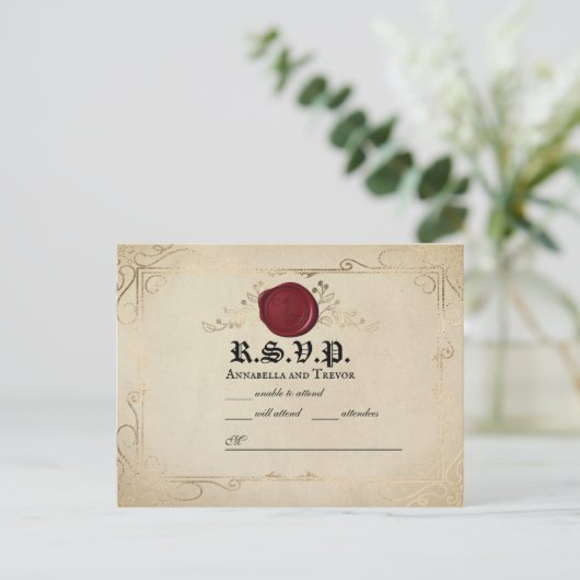 中世パーチメントワックスシールおとぎ話ウェディングRSVP ポストカード (スタンド正面)
