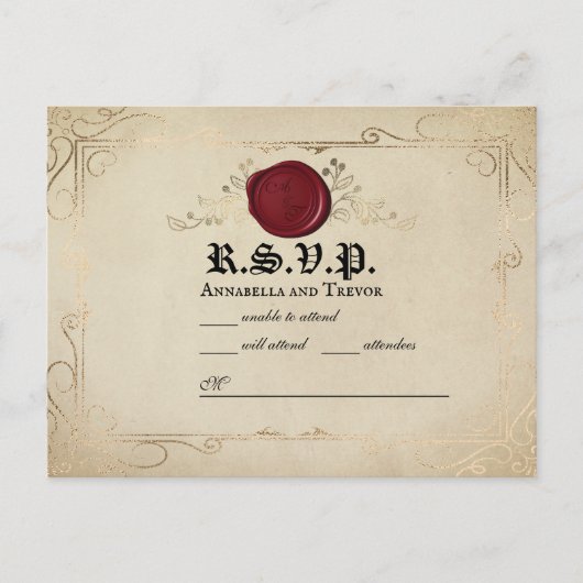 中世パーチメントワックスシールおとぎ話ウェディングRSVP ポストカード (正面)