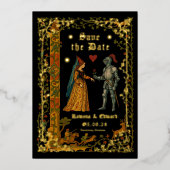 中世ファンタジーの騎士と貴婦人のSave the Date 箔招待状 (正面)