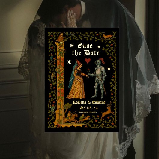 中世ファンタジーの騎士と貴婦人のSave the Date 箔招待状
