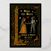 中世ファンタジーの騎士と貴婦人のSave the Date 箔招待状 (正面)