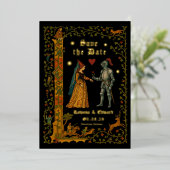 中世ファンタジーの騎士と貴婦人のSave the Date 箔招待状 (立ち正面)