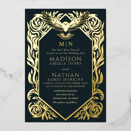 中世ファンタジーフクロウ結婚式招待状 箔招待状 (正面)