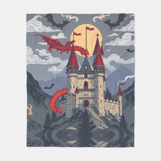 中世ファンタジー：龍と城 フリースブランケット (正面)
