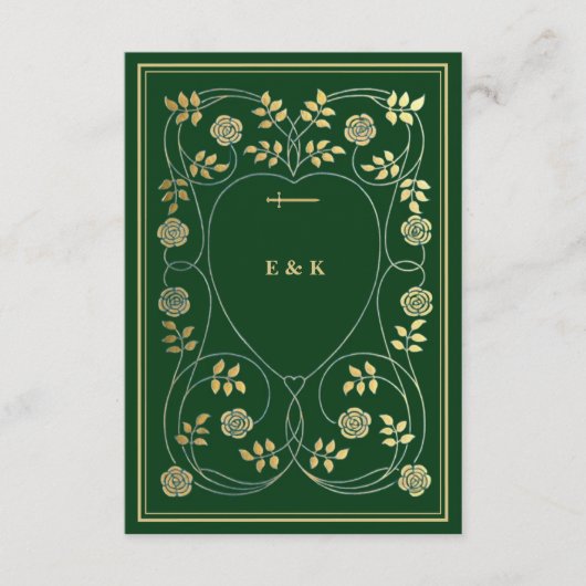 中世フローラハートと剣金ゴールド詳細RSVP エンクロージャーカード (正面)