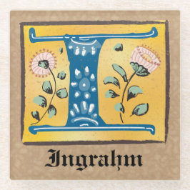 中世フローラライトレターIモノグラム ガラスコースター