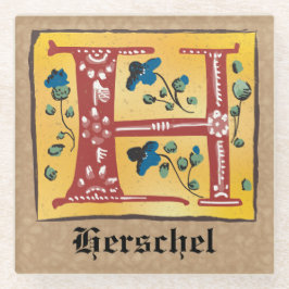 中世フローラ照光文字Hモノグラム ガラスコースター