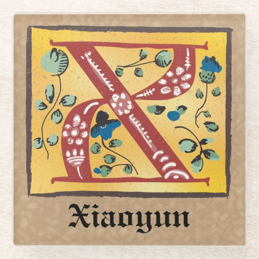 中世フローラ照光文字Xモノグラム ガラスコースター (正面)