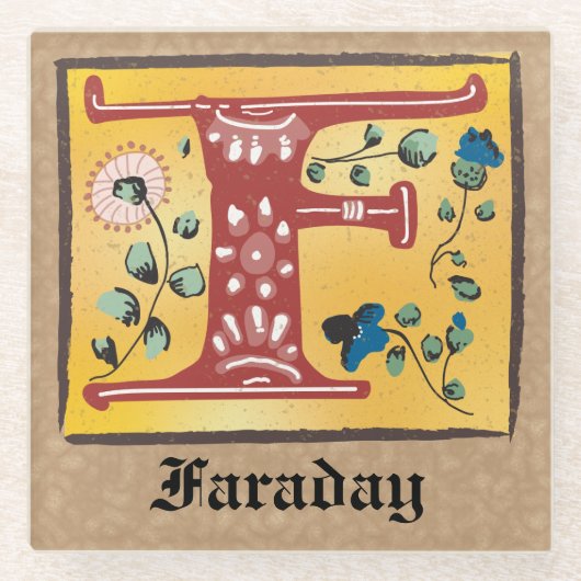 中世フローラ照明付きモノグラム文字 ガラスコースター (正面)