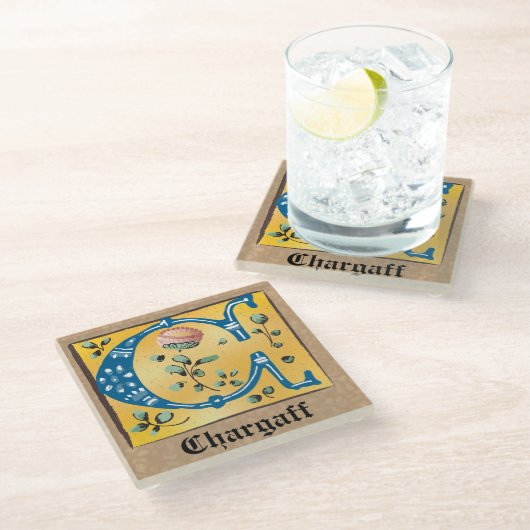 中世フローラ照明文字Cモノグラム ガラスコースター (アングル)