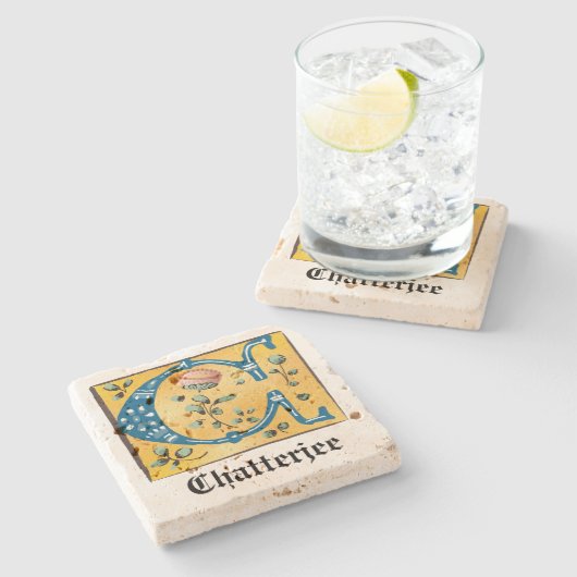 中世フローラ照明文字Cモノグラム ストーンコースター (横)