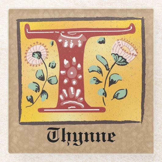 中世フローラ照明文字Tモノグラム ガラスコースター (正面)