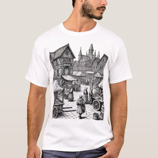 中世マーケットプレイス手書きスケッチ Tシャツ (正面)