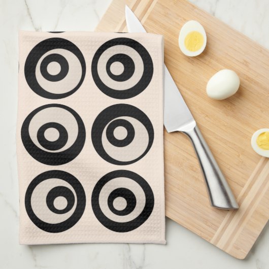 中世モダン紀の黒とクリームの丸模様 キッチンタオル (四つ折り)