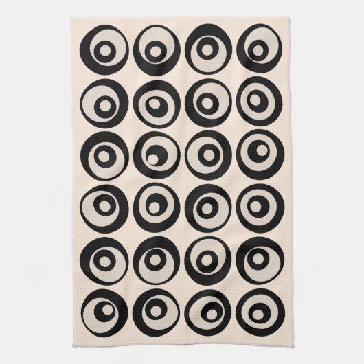 中世モダン紀の黒とクリームの丸模様 キッチンタオル (縦)