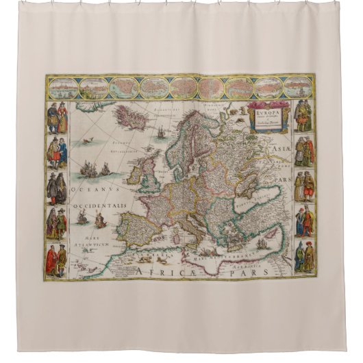 中世ヨーロッパの地図(ウィレム・ブレーウ著) シャワーカーテン (正面)