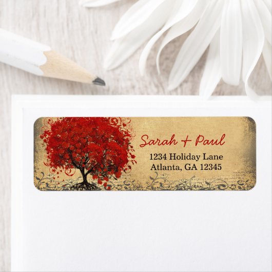 中世ルネサンス素朴赤いハートリーフツリー ラベル (インサイチュ)