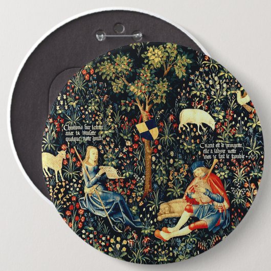 中世ルネッサンスのタペストリー羊飼いと羊 缶バッジ (正面&裏面)