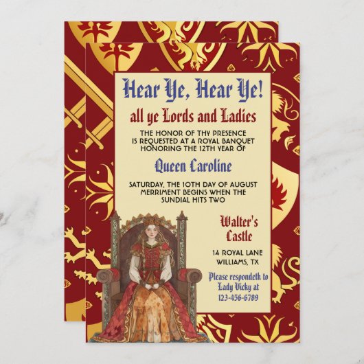 中世ルネッサンスクイーン誕生日招待状 招待状 (正面/裏面)