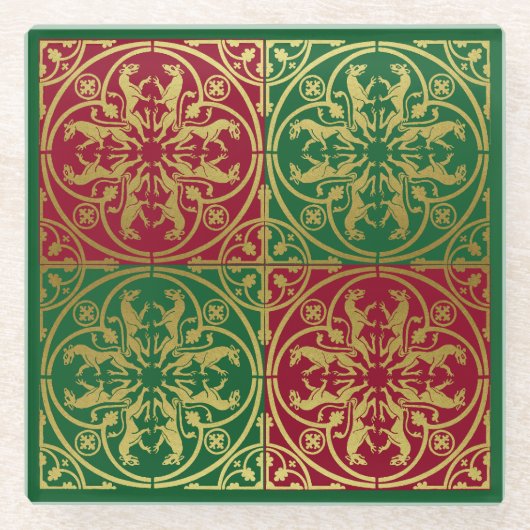 中世ルネッサンスヘラルドライオンレオパードメタリック ガラスコースター (正面)