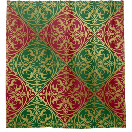 中世ルネッサンスヘラルドライオンレオパードメタリック シャワーカーテン (正面)