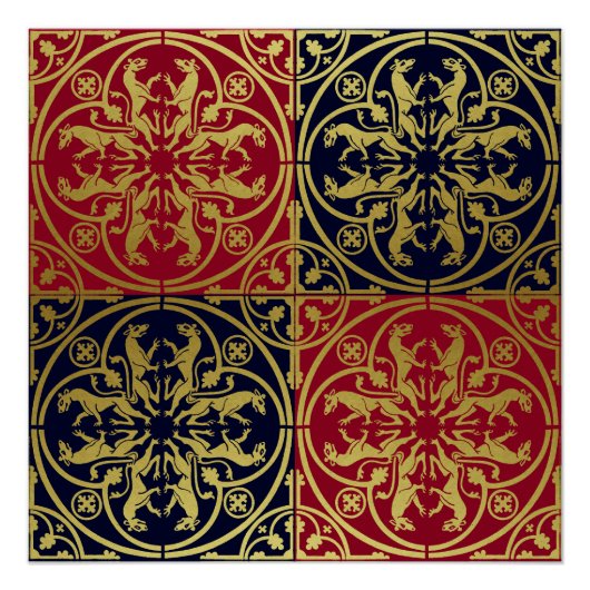 中世ルネッサンスヘラルドライオンレオパードメタリック ポスター (正面)