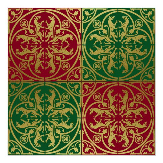 中世ルネッサンスヘラルドライオンレオパードメタリック ポスター (正面)