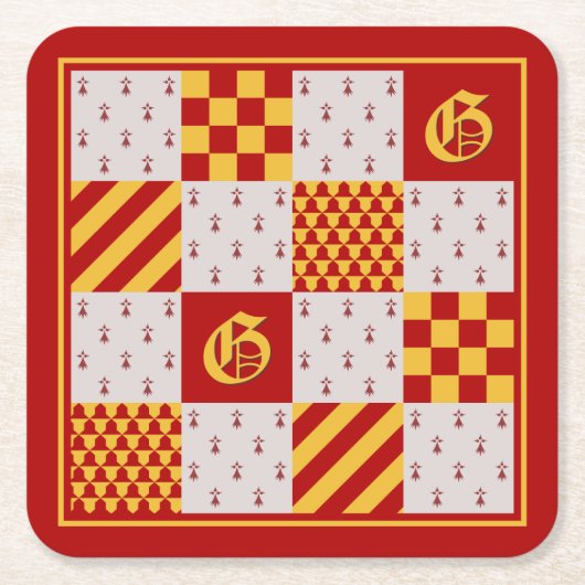 中世レッドイエローマジカルファンタジー紋章 スクエアペーパーコースター (正面)