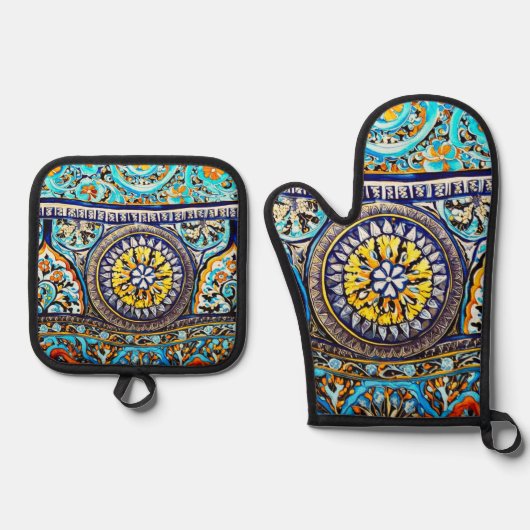 中世ロマンイタリアンマスペインのジョリカフローラ 鍋つかみ&鍋敷きセット (正面)