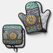 中世ロマンイタリアンマスペインのジョリカフローラ 鍋つかみ&鍋敷きセット (正面/裏面)