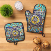 中世ロマンイタリアンマスペインのジョリカフローラ 鍋つかみ&鍋敷きセット (トップダウン)